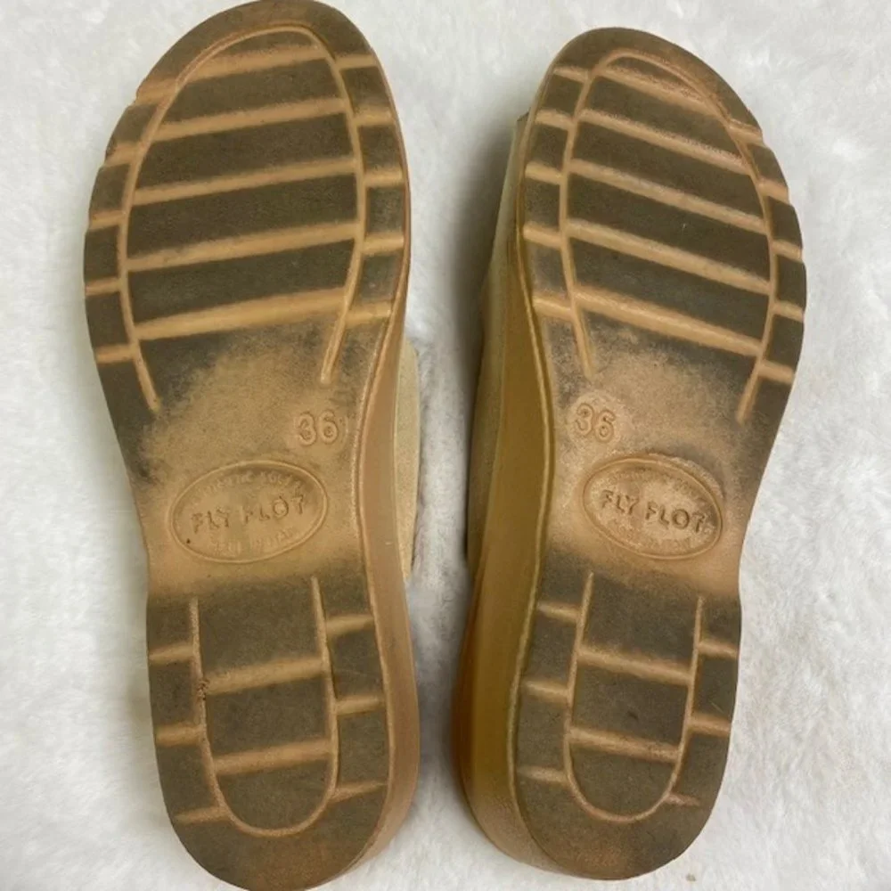 Fly Flot Tan Suede Double‎ Buckle Slip On Wedge Sandals US 5 EU 36